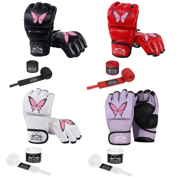 Un par de guantes de boxeo de media-mano de PU para hombre y mujer jóvenes, guantes de boxeo profesionales para entrenamiento. Un par de vendas de boxeo de 3 metros de largo para adulto hombre y mujer, guantes protectores para boxeo en saco de arena, taekwondo y entrenamiento de boxeo.
