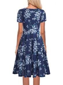 Women's Elegant Deep V-Neck Dress With Pockets - Navy Blue - View 3