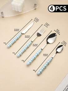 4pcs/Set Stainless Steel Utensil Set,Romantic Ceramic Pearl Handle Western Cutlery Knife Fork Spoon Coffee Spoon,Reusable Tableware,Or School, Picnics, Parties, Outdoor Dining, Camping Accessories School Supplies Travel Essentials Accessories Back To School Dorm Essentials