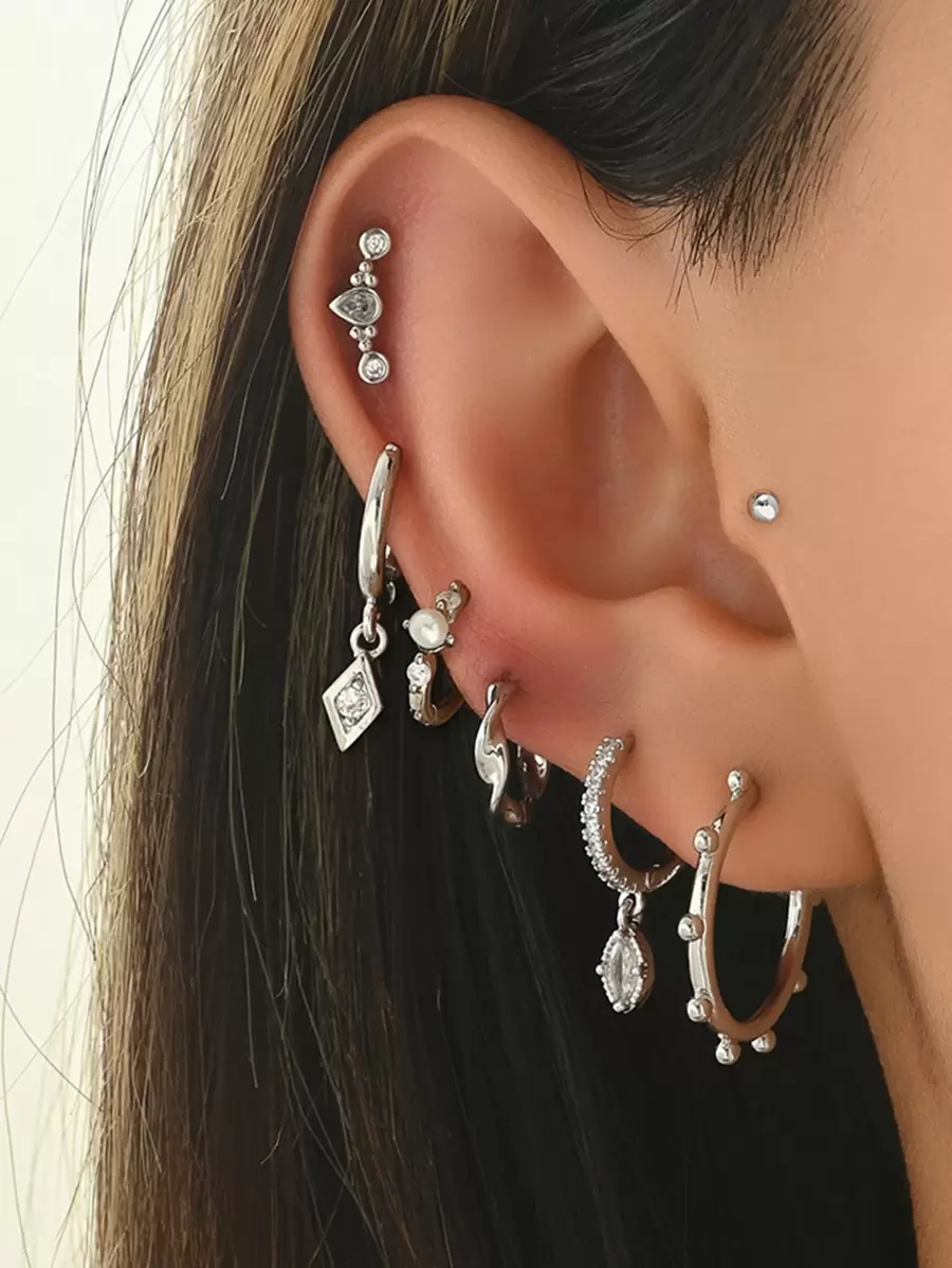 7 件套优雅锆石吊坠耳环简约珠宝套装，适合女性约会、派对、日常佩戴 - 銀色 - 查看 1