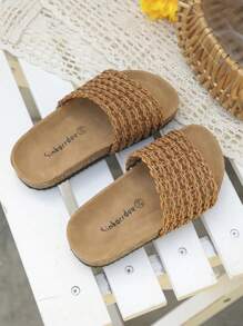 1 Pair Kids' Fashion Casual Handmade Woven PU Material Net-Stripe Insert Gold Decor Non-Slip Soft Wood Flat Open Toe Beach Slippers, Suitable For Summer - Brown - View 6
