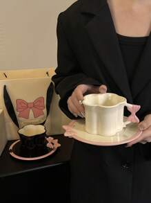 1 件蝴蝶结设计杯碟套装，高品质下午茶杯适合餐厅、客厅、咖啡馆和聚会 - 彩色 - 查看 6
