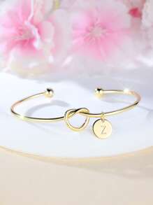 Tsnamer 1 pieza Brazalete con inicial dorada Brazalete con disco de nudo clásico con inicial de la A a la Z Brazalete personalizado de puño para mujer Joyería de uso diario