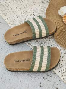 1 paar nieuwe minimalistische casual geweven gestreepte contrasterende kleurdecoratie voor kinderen, antislip zachte kurk platte open teen strandsandalen, geschikt voor de zomer