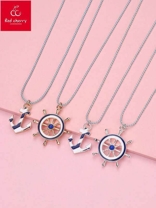 2 pièces/set Collier pendentif en alliage de zinc émaillé bleu marine et blanc avec ancre et gouvernail de bateau, convient pour le port quotidien et les cadeaux