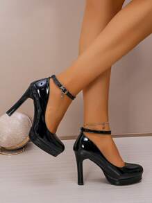 新款时尚高跟防水厚底浅口鞋，圆头舒适一脚蹬工作鞋，大码女士粗跟正装鞋 - 黑色 - 查看 1