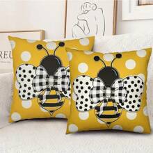 2 szt. Poszewki na poduszki nadające się do prania w pralce, lniane poszewki na poduszki z motywem pszczół i kropek - żółta dekoracja domu z motywem pszczół miodnych, zapinane na zamek poszewki na poduszki na sofę, patio i do sypialni