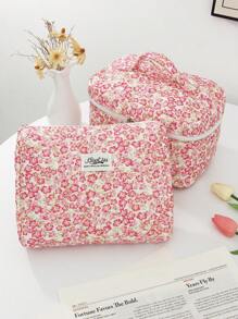 1 PC Pink Floral Quilted Portable Make Up Bag,Fashionable And Casual Large Capacity Portable Zipper Makeup Bags,Travel And Vacation Essentials Cosmetic Bags For Sanitary Napkins,Pouch Pads,Wired Earphones,Headphones,Charger,Lipsticks,Cosmetics,Perfume,Skin Care And Beauty Products,Home Decor,For Mom,Women,Nurses,Students,School Girls,Keys,Holiday Gifts