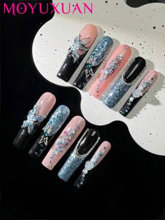 10 件可穿戴指甲套装，优质超长棺材形状黑色，爆裂蓝色细闪设计，经典法式，合金蝴蝶搭配，甜美酷炫性感，适合女性、女孩派对、节日、礼物和其他场合 DIY 指甲用品，可重复使用。按压指甲