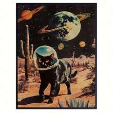 【复古太空宇航员海报】复古太空宇航员与黑猫帆布艺术印刷品，现代复古风格动物主题装饰艺术海报，可选画框，喷墨印刷，适用于客厅、卧室、家庭办公室、浴室、厨房等空间，室内/室外四季皆宜，带框墙面装饰 - 彩色 - 查看 6