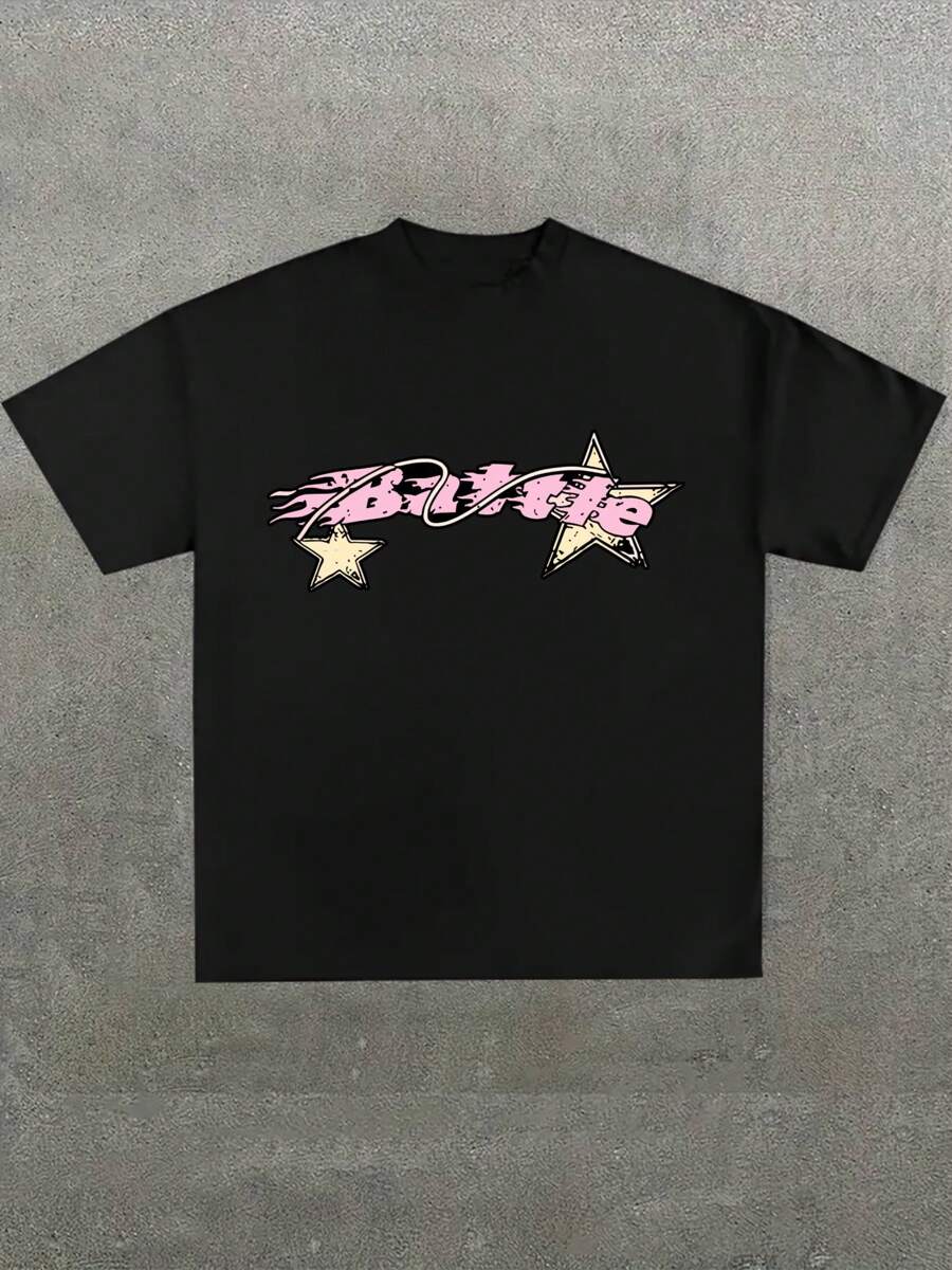 Jual Idol T-Shirt Baju Kaos Couple  ,Casual Print,Comfortable And Versatile,Letter Pattern Pure Cotton 220g Printed T-Shirt - Black - View 1
