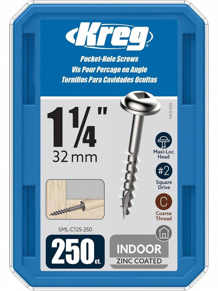 Kreg SML-C125 Tornillos para orificios ocultos de zinc - 1 1/4 pulgadas, rosca gruesa 8, cabeza Maxi-Loc (250 unidades) - 1 - Añade 4