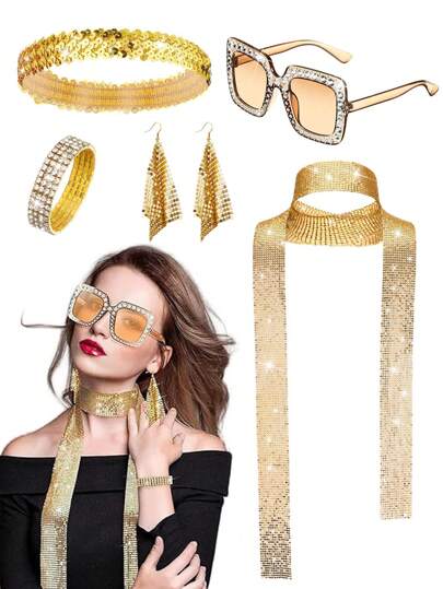 D EXCEED 1/2/3/4/5 件 70 年代迪斯科服装配饰 女士闪光耳环亮片围巾亮片头饰闪光手链矩形道具眼镜 适用于生日派对婚礼派对迪斯科派对