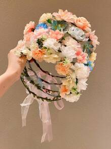 1pc Colorful Cute Flower Wreath Hair Band, Hair Accessory That Won't Damage Hair - Multicolor - View 1