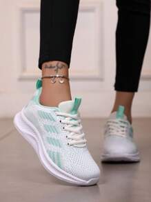Women's Lightweight, Breathable, Shock-Absorbing, Thick-Soled, Mesh Knitted Low-Top Lace-Up Flat Casual Sneakers. Suitable For Students, Mothers, Etc. Ideal For Spring/Summer Travel, Military Training, Daily Walking. Mesh Material Women Casual Sports Shoes. - Mint Green - View 7