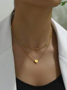 1pc Fashionable Double Layer Heart Shaped Stainless Steel Necklace, Women's Simple Work Accessory Valentines - Yellow Gold - View 1