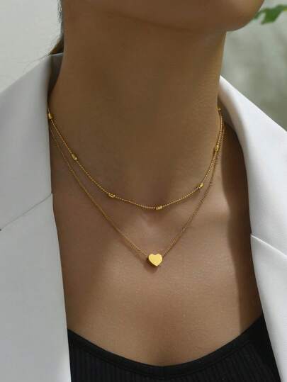 1 件时尚双层心形不锈钢项链，女士简约工作配饰情人节