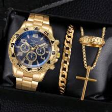 4 件男士手表套装时尚休闲男士大表盘不锈钢石英表免费项链手链戒指 - 4pcs set - 查看 9