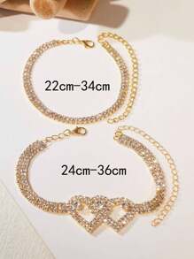 2pcs Rhinestone Heart Anklet, Shiny Foot Jewelry - Yellow Gold - View 3