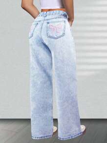 Tween-Mädchen Loose Fit Lässig Schlagjeans mit Schmetterling Stickerei, bequem und stark