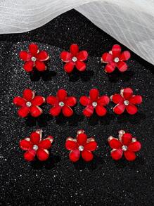 10pcs Women Rhinestone Flower Hair Claws, Red Tone, Elegant Style, Metal Material, Suitable For Everyday Casual Use