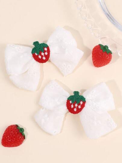 2 peças presilhas de cabelo de morango para meninas, laços de cabelo de tecido de linho branco, acessórios fofos de morango de malha, grampos de cabelo com estampa floral requintada, acessórios de cabelo diários, presentes de lembrança para crianças e adolescentes