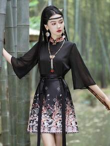 Spring & Summer Elegant Chinese Style Flower Embroidery Hanfu Top Tunic, Halloween