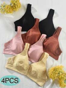 4PCS Front Buckle Simple Elastic Camisole Bra For Women Skin-Friendly And Comfortable New Seamless Technology Without Steel Ring Underwear - 多色2 - 查看 1