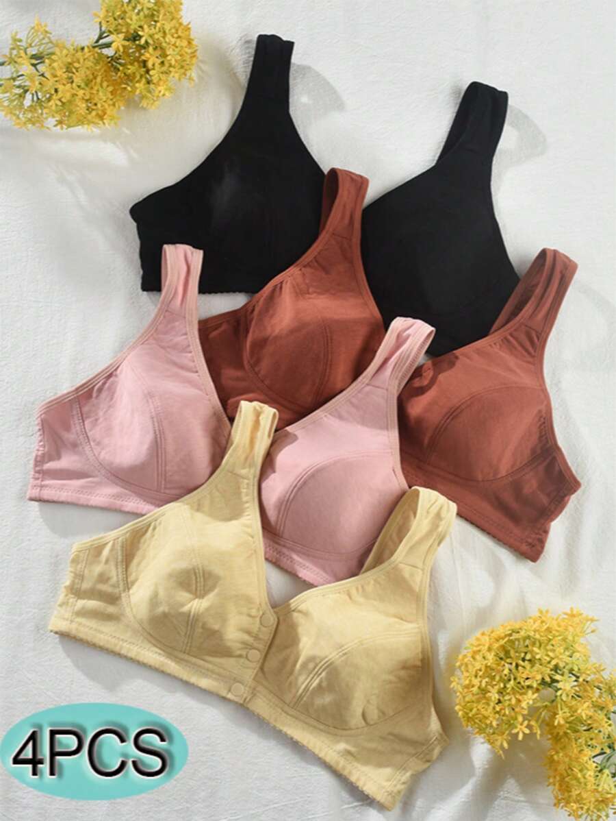 4PCS Front Buckle Simple Elastic Camisole Bra For Women Skin-Friendly And Comfortable New Seamless Technology Without Steel Ring Underwear - 多色2 - 查看 1