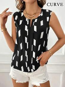 Plus Women's Geometric Printed V-Neck Tank Tops - Black - View 3