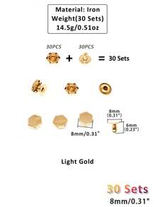 30 套 8/10/14 毫米六角扁平手链服装铆钉帽饰钉皮革工艺包帽鞋牛仔裤颈链钱包珠宝配饰（浅金色） - 金色 - 查看 2