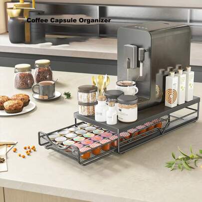 Prateleiras de café tipo gaveta, 40 cápsulas, suporte de armazenamento, suporte para cápsulas de café, organizador, caixa organizadora de café, base para máquina de café, bancada, organizador de gaveta à prova de poeira, cápsula de café, sachê de chá, bar de água, prateleira de armazenamento, cápsula de café
