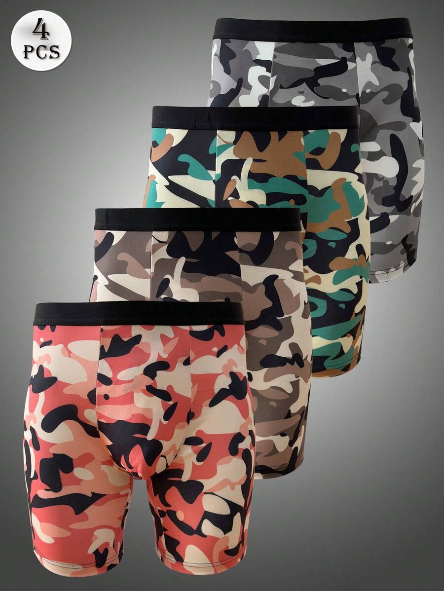 4 件套男士迷彩印花平角内裤套装，长款舒适弹力透气拳击短裤，适合慢跑、运动、健身，多色 - 彩色 - 查看 1