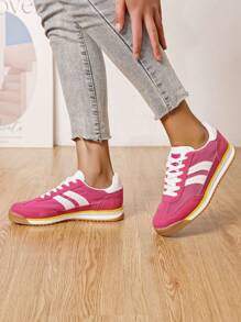 Women's Lace-Up Casual Comfortable Sneakers, Versatile For Daily Wear - Pink - View 1