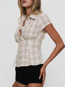 Women's Y2K Plaid Shirt Button-Up Short Sleeve Collared Slim Fit Casual Summer Blouse Tops - Cà phê nâu - Xem 5
