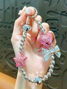 1 chiếc vòng tay hạt cườm mặt hình ngôi sao mạ bạc dành cho nữ có dây đeo điện thoại hình nơ, thiết kế thanh lịch (không bao gồm ốp điện thoại) làm quà tặng cho mẹ, gia đình, bạn bè, sinh nhật, ngày lễ - Màu Hồng Tươi - Xem 5