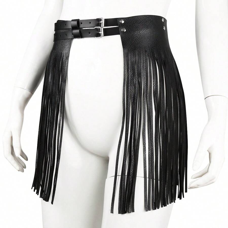 1pc Women's Fashion Fringed Skirt, Sexy Black Leather Bondage Fringe Skirt Waist Belt - Black - View 1
