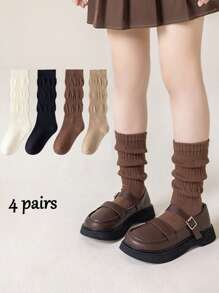 4 Pairs Of Spring And Autumn Calf Socks For Girls Aged 2-16, Stacked Socks, Girl's Socks, Fashionable, Suitable For Both Thick And Thin Legs