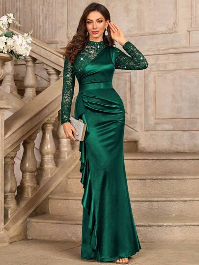 Elisanya Sequin Lace Contrast Satin Mock Neck Long Sleeve Ruffle Trim Sheath Formal Party Maxi Dress, Wedding Guest Dress, Evening Dress,Gown