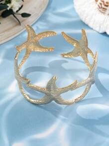 1pc Fashion Minimalist Hollow Gold Starfish Design Open Cuff Bracelet, Metal Arm Band Suitable For Summer Beach, Party, Wedding, Music Festival, Ramadan, Independence Day, Graduation Occasion Accessories - Yellow Gold - View 4