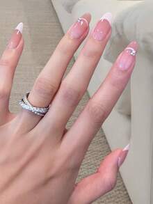 10pcs Almond Shaped Artisan Handcrafted Natural Tie Dye Gradient French Manicure Fake Nails Set With Delicate Line And Rhinestone Decorations, Reusable Nail Tips Suitable For Music Festival, Party, Daily Wear, Includes 1pc Nail Gel And 1pc Nail Buffer - Pink - View 5