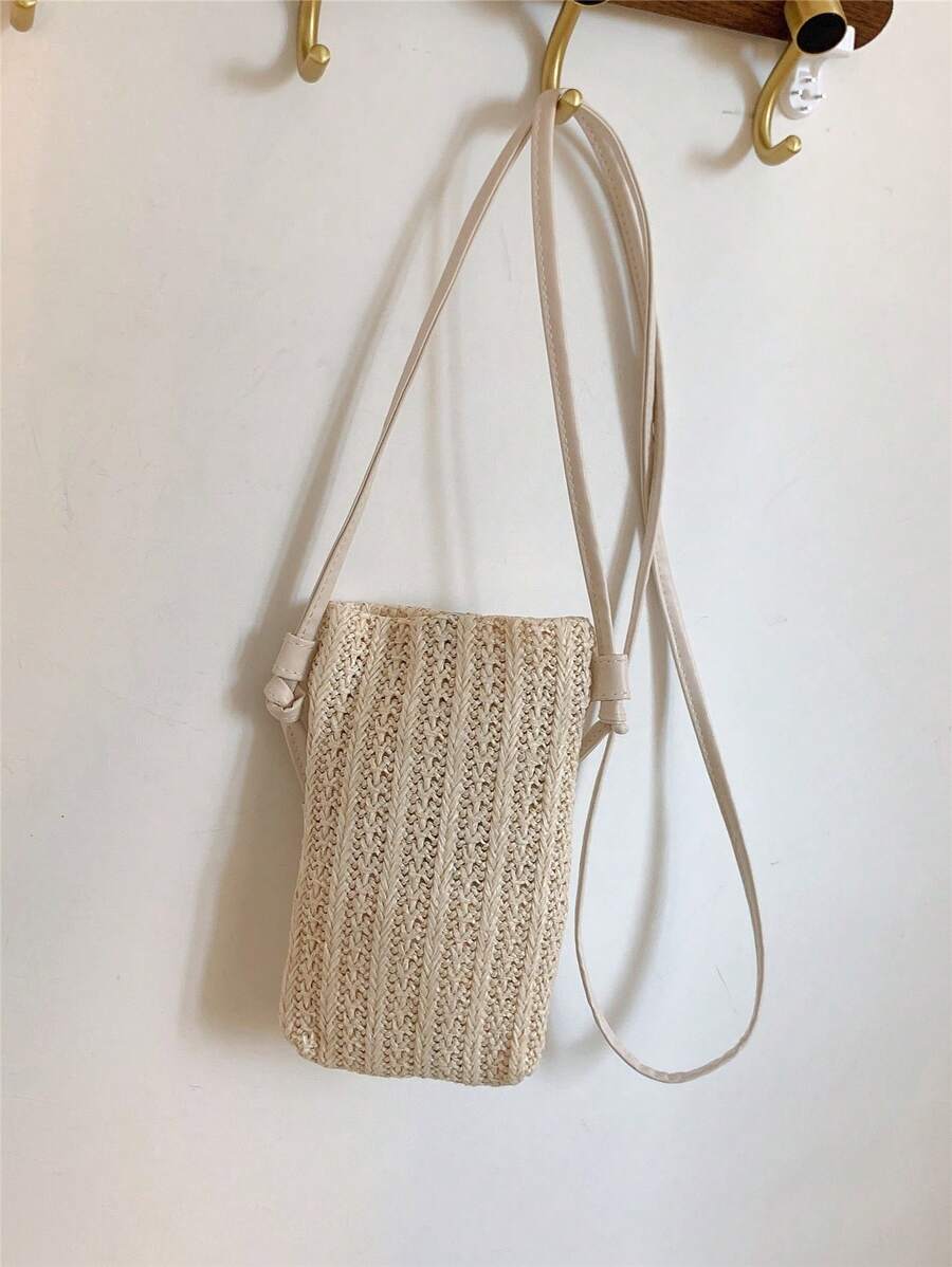 Fashionable Lightweight Mini Woven Straw Texture Lattice Flower Pattern Phone Pouch Wallet Purse Wallet Phone Bag Summer Beach Bag - Khaki - View 1