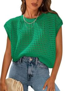 Womens Spring Tops 2025 Summer Shirts Crochet Cap Sleeve Sweater Pullover Cute Crew Neck Hollow Out Beach Cover Ups - 綠色 - 查看 1