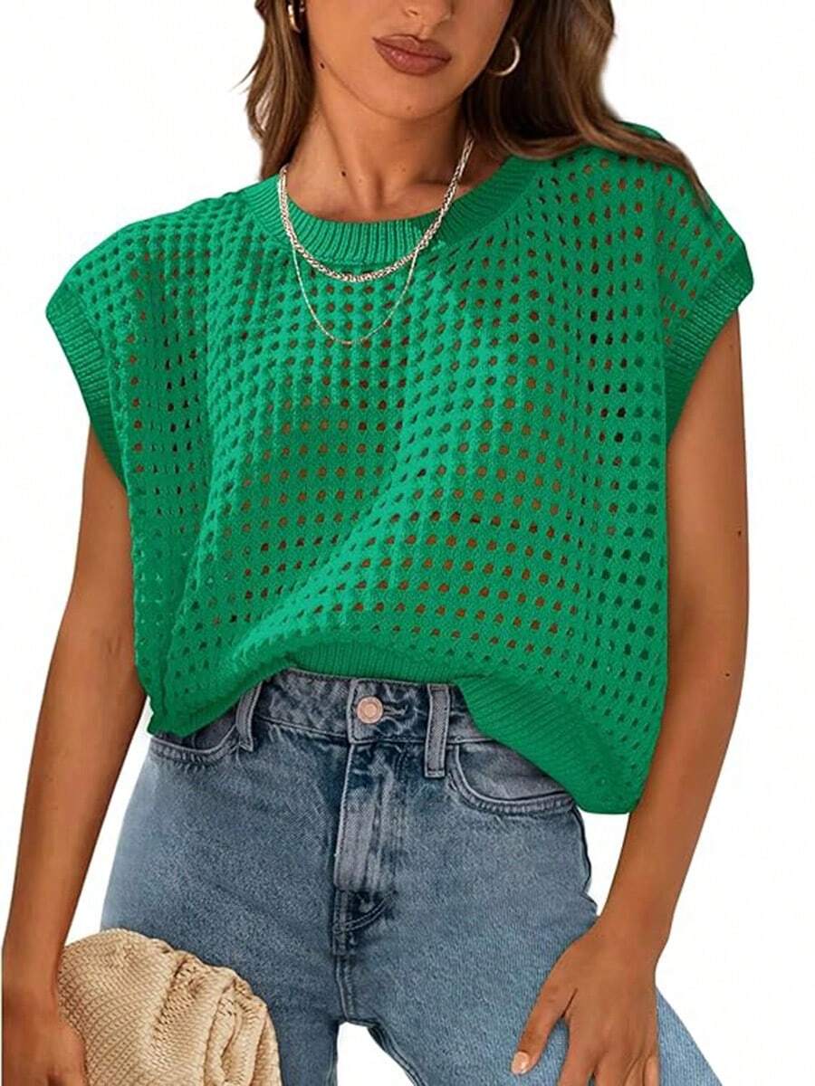 Womens Spring Tops 2025 Summer Shirts Crochet Cap Sleeve Sweater Pullover Cute Crew Neck Hollow Out Beach Cover Ups - 綠色 - 查看 1
