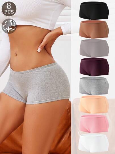 8 Pcs Of Women's Multi-Color Cotton Basic Comfortable Breathable Boxer Shorts Safety Pants Anti-Glare Boxer Shorts