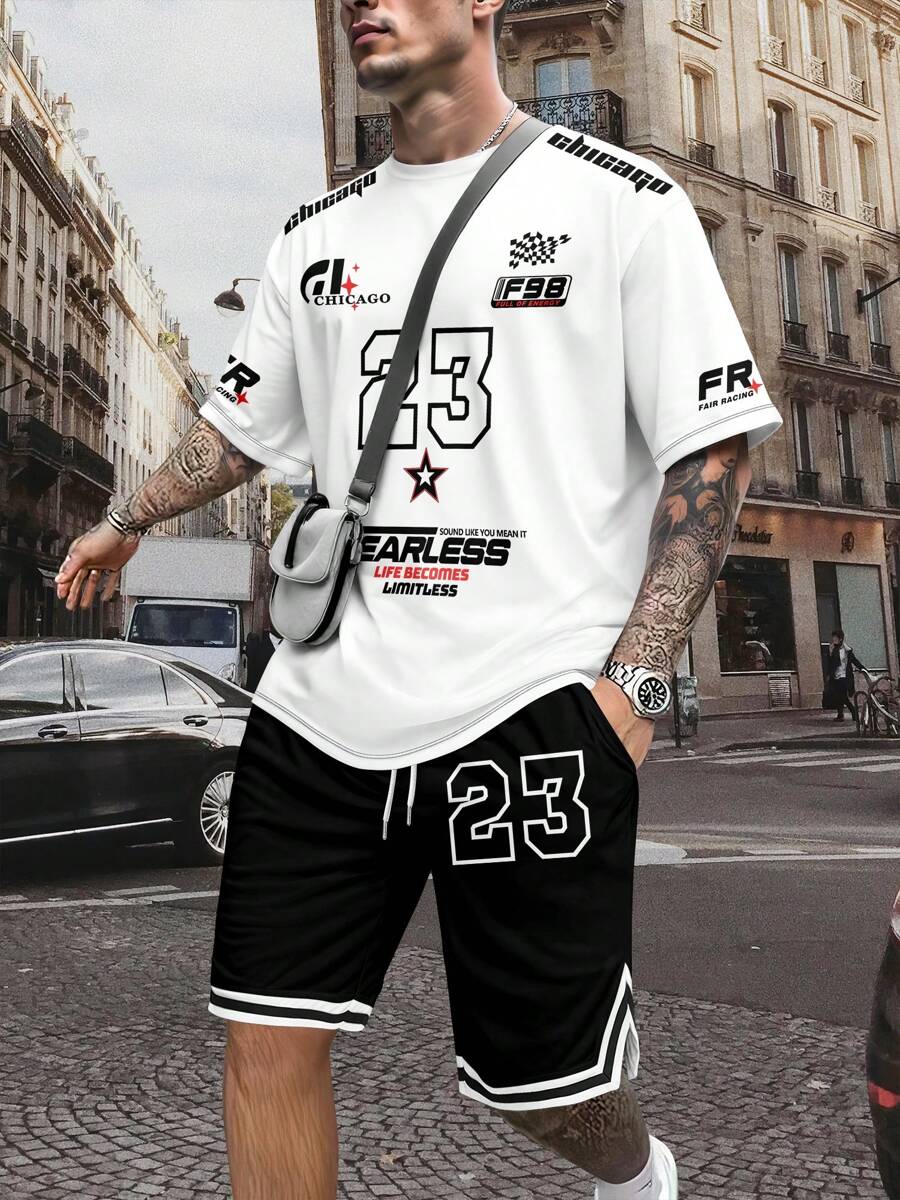 2pcs/Set Men's Letter Print Short Sleeve T-Shirt And Shorts