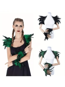 Șal cu pene din dantelă verde, mânecă, rochie, recuzită de dans, misterios, stil gotic negru, retro, elegant, șal cu pene, aripi de umăr, accesorii pentru jocuri de rol, cadouri de Halloween
