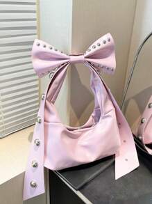 Bolso de mano vintage rosa con personalización de remaches y moño desmontable con forma de media luna de 2 vías, de gran capacidad, tipo bandolera y de hombro, adecuado para primavera/verano, oficina, viajes, casual, compras, citas, regalo para mujeres jóvenes, estudiantes y damas trabajadoras