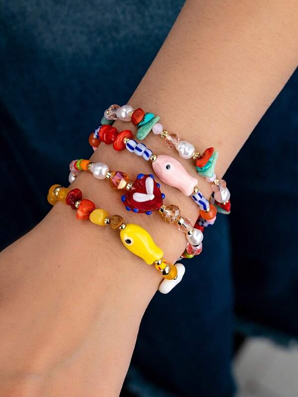 4pcs/Set Glass Beads Bracelets, Boho Handmade Ceramic Fish Bead Bracelets Set For Women, Spring/Summer Jewelry (Note: The Ceramic Fish Beads May Have Air Bubbles And Black Spots, Which Are Normal And Not Quality Issues)