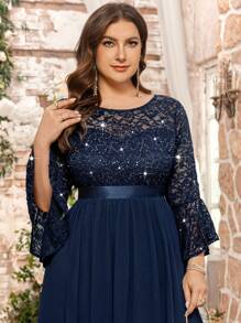 Gaun Panjang Formal Pesta Malam, Gaun Tamu Pernikahan, Gaun Ulang Tahun, Wisuda, Gaun Pesta Malam Formal Elegan dengan Lengan Mengembang Berhiaskan Payet Bunga dan Renda, Bahan Chiffon dengan Hem Berkerut - Navy Blue - View 9